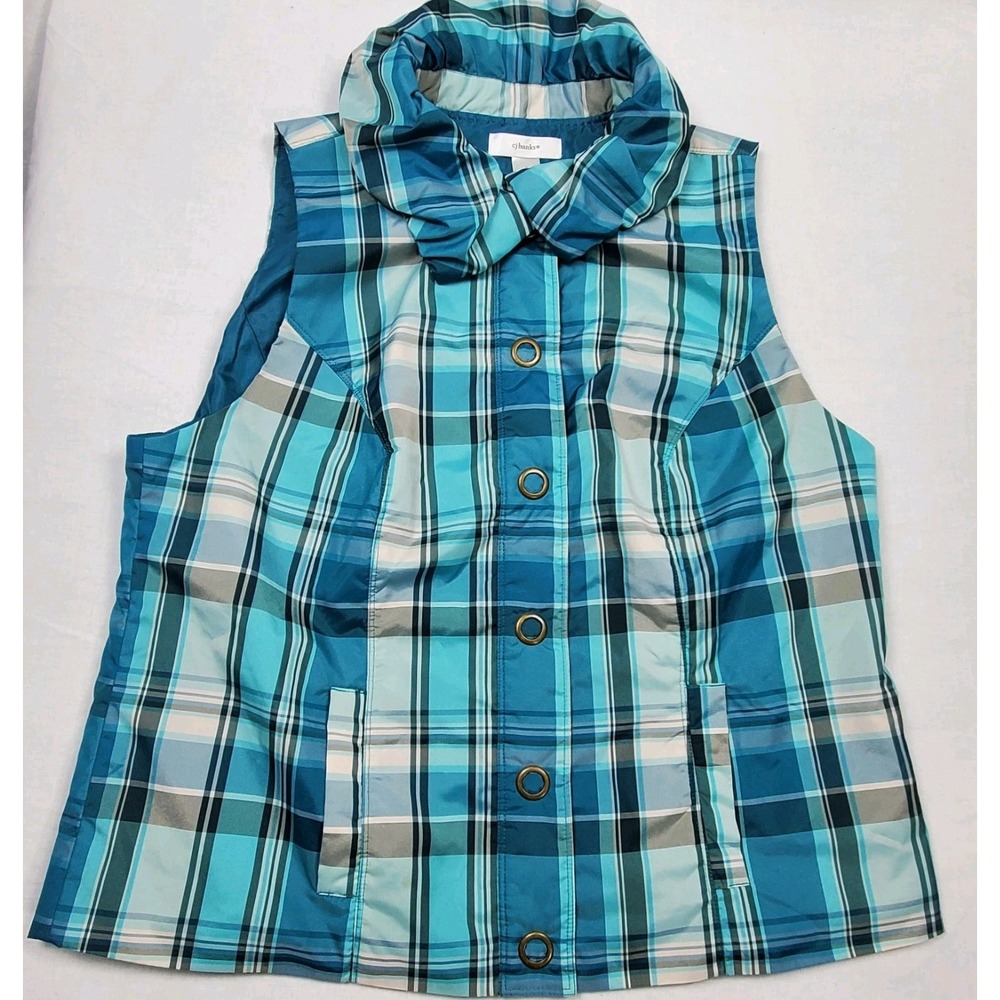 CJ Banks Womens Plus Sz 1X Blue Plaid Snap Up Ruffle Collar Pocket Vest